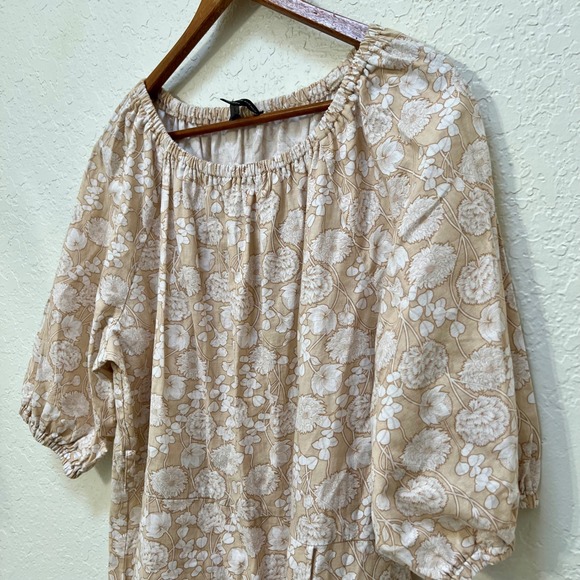 Saks Fifth Avenue Women's Beige Floral Print Linen Cotton Puff Sleeve Midi Dress - Picture 8 of 9